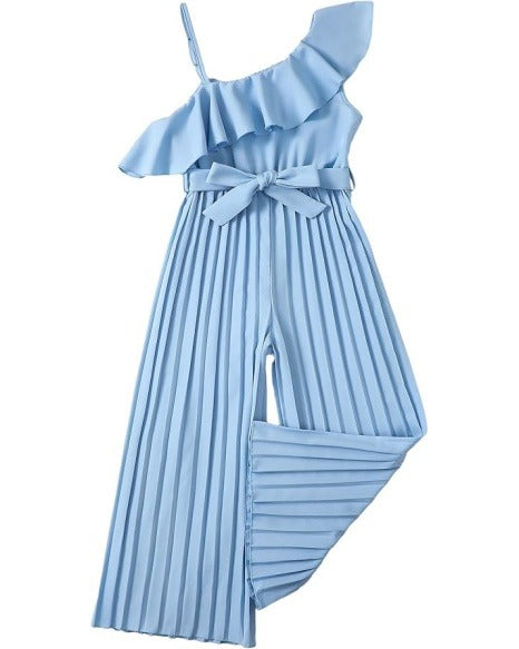 Girls Ruffle Trim Halter Waist Long Romper