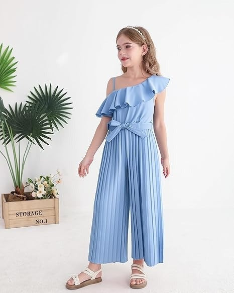 Girls Ruffle Trim Halter Waist Long Romper