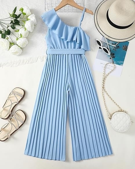 Girls Ruffle Trim Halter Waist Long Romper