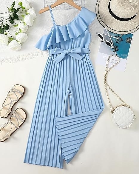 Girls Ruffle Trim Halter Waist Long Romper